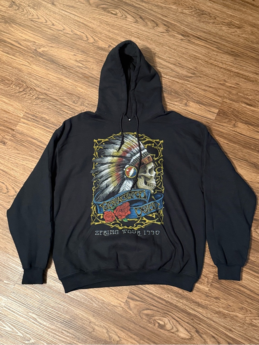 Grateful Dead Black Graphic Hoodie with Native Headdress Skull Design in Size L